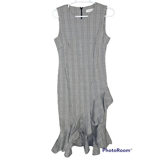 Calvin Klein Sleeveless Houndstooth Black White Ruffle Hem Sheath Dress Size 6