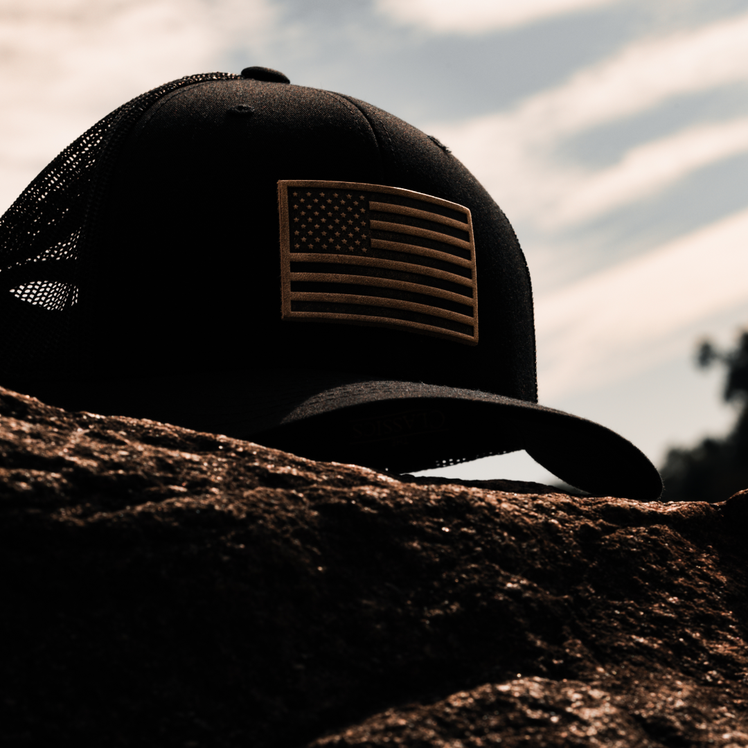 Unisex Black Mesh Back American Flag Hat - Leather Patch Trucker Snapback