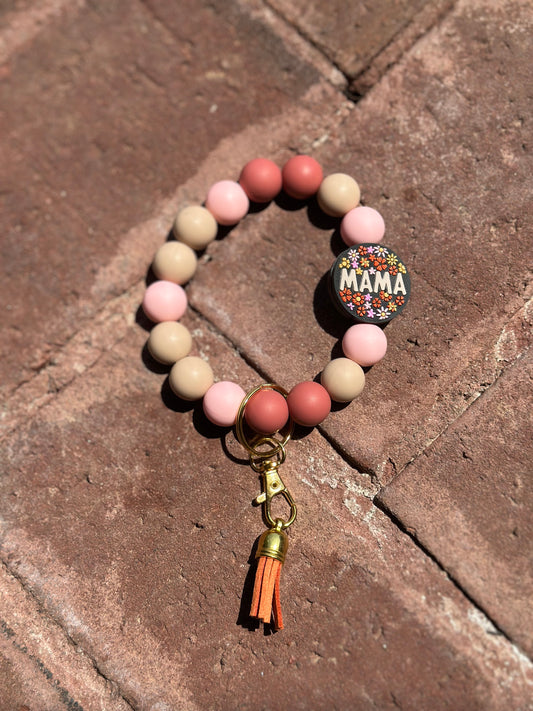 Silicone Beaded Wristlet Keychain | Floral 'Mama' Beige, Rust Light Pink
