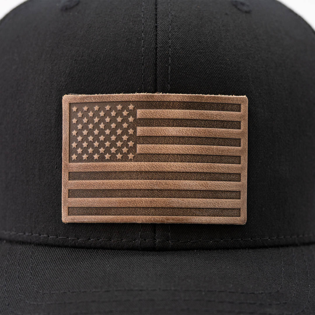 Unisex Black Mesh Back American Flag Hat - Leather Patch Trucker Snapback