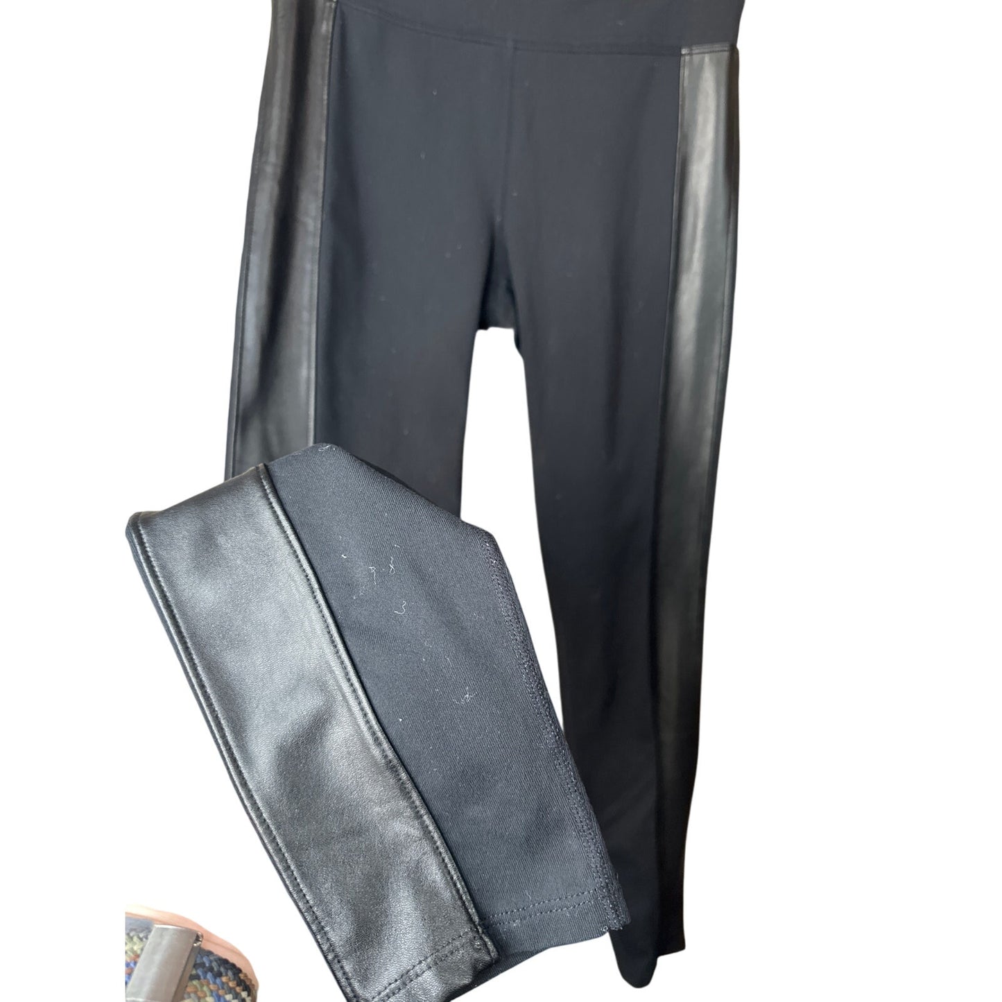 Athleta Black ‘Tux Metro’ Side Stripe Faux Leather Side Stripe Leggings Size S