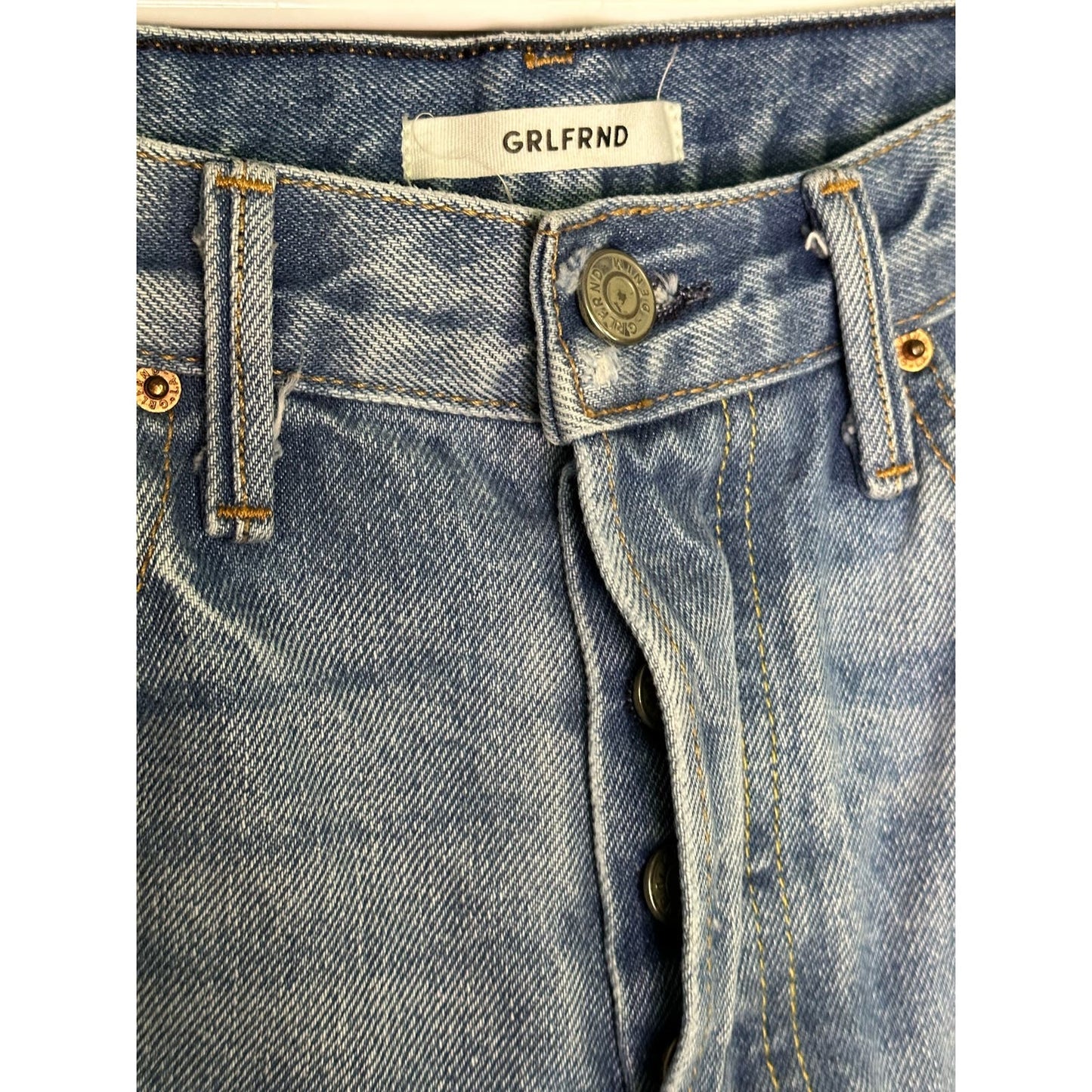 GRLFRND Karolina Butterfly Button Raw Hem Light Wash Jeans Size 27