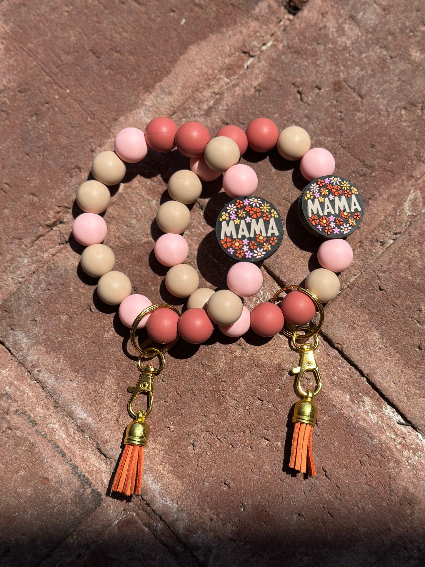 Silicone Beaded Wristlet Keychain | Floral 'Mama' Beige, Rust Light Pink