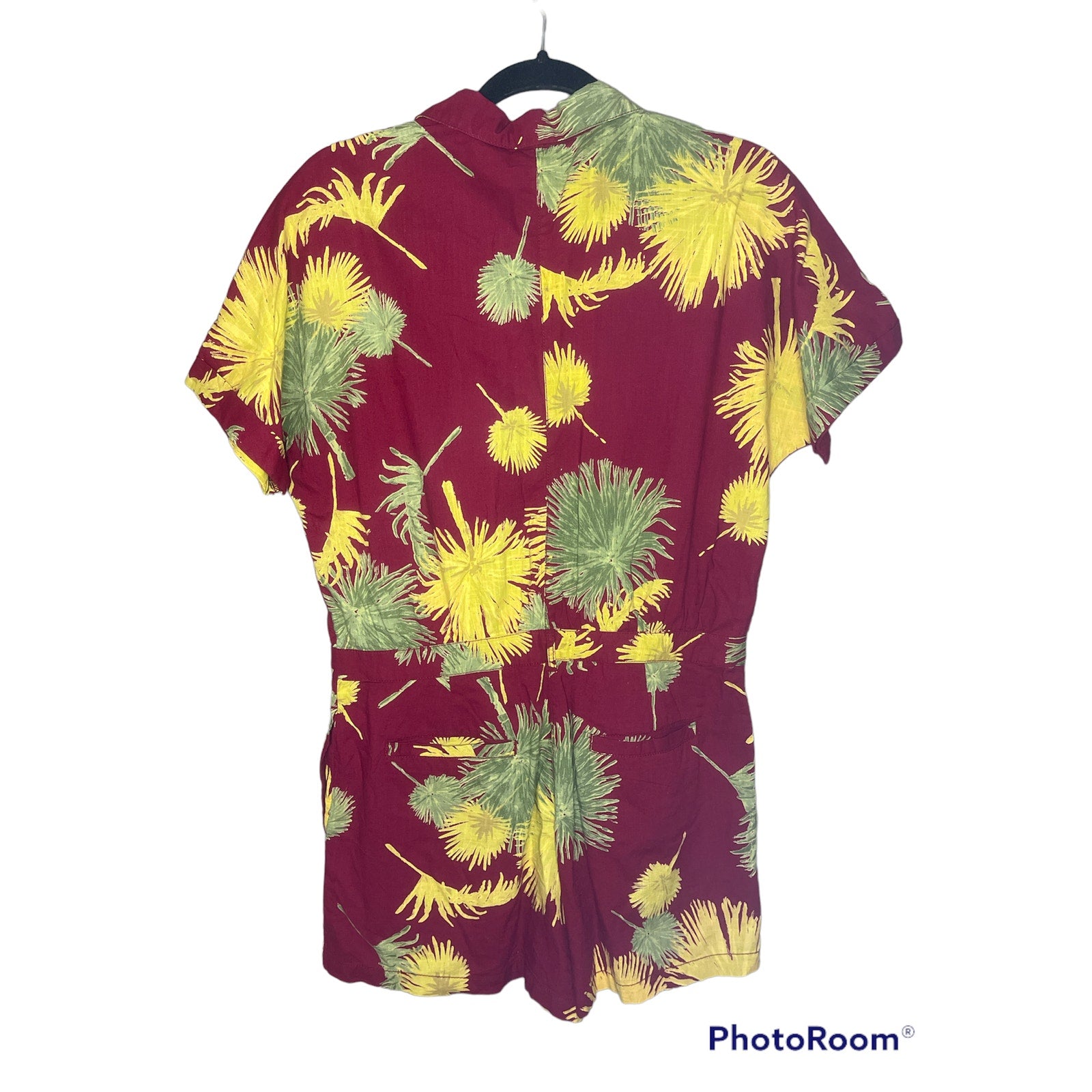 maroon and yellow free people button down short sleeve romper- back