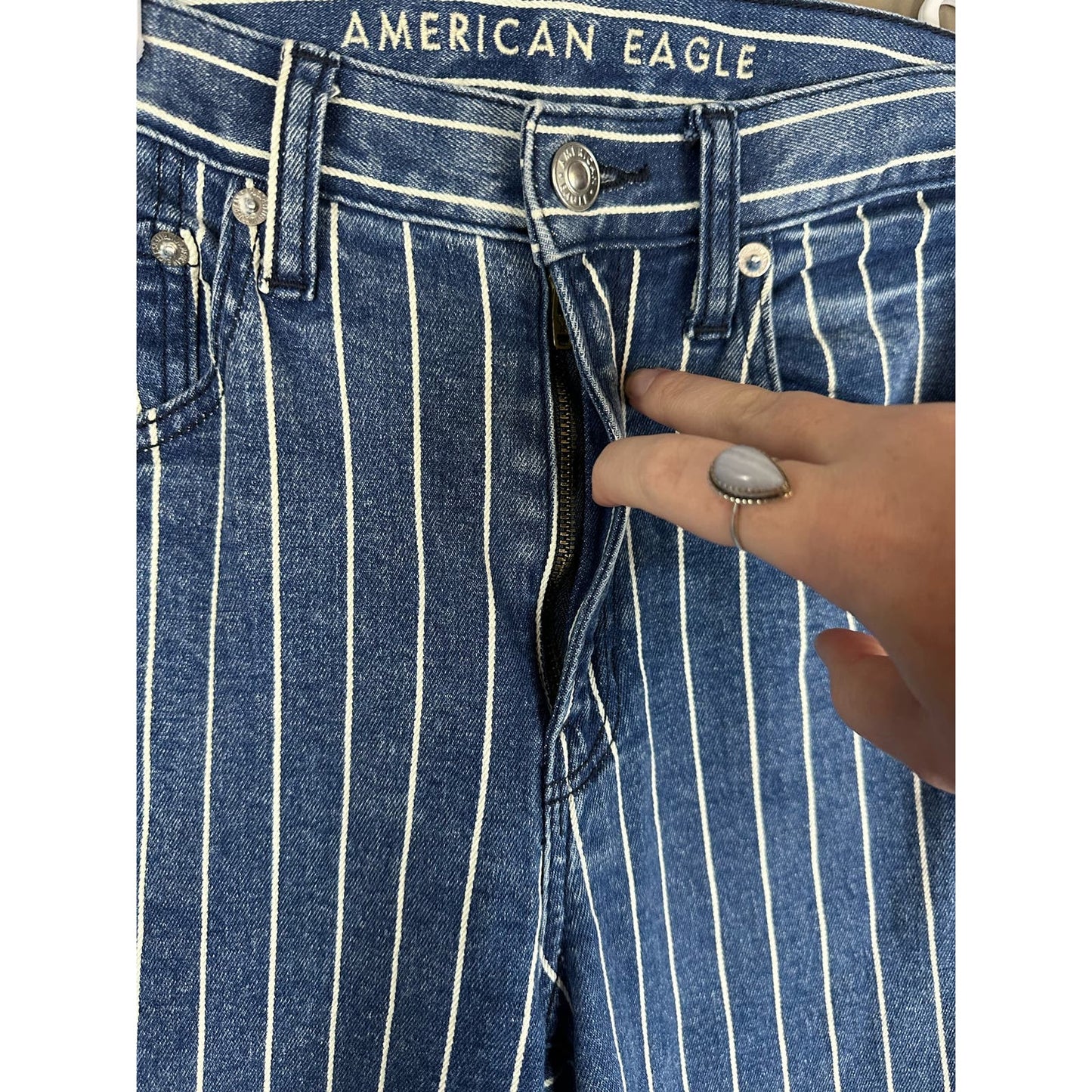 American Eagle Blue White Stripe Wide Leg Crop Blue Jeans Size 00
