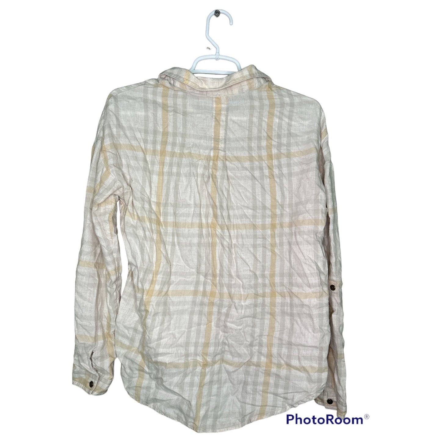 PrAna Long Sleeve Plaid Pattern Button Down Beige Brown Cream Flannel Size Small