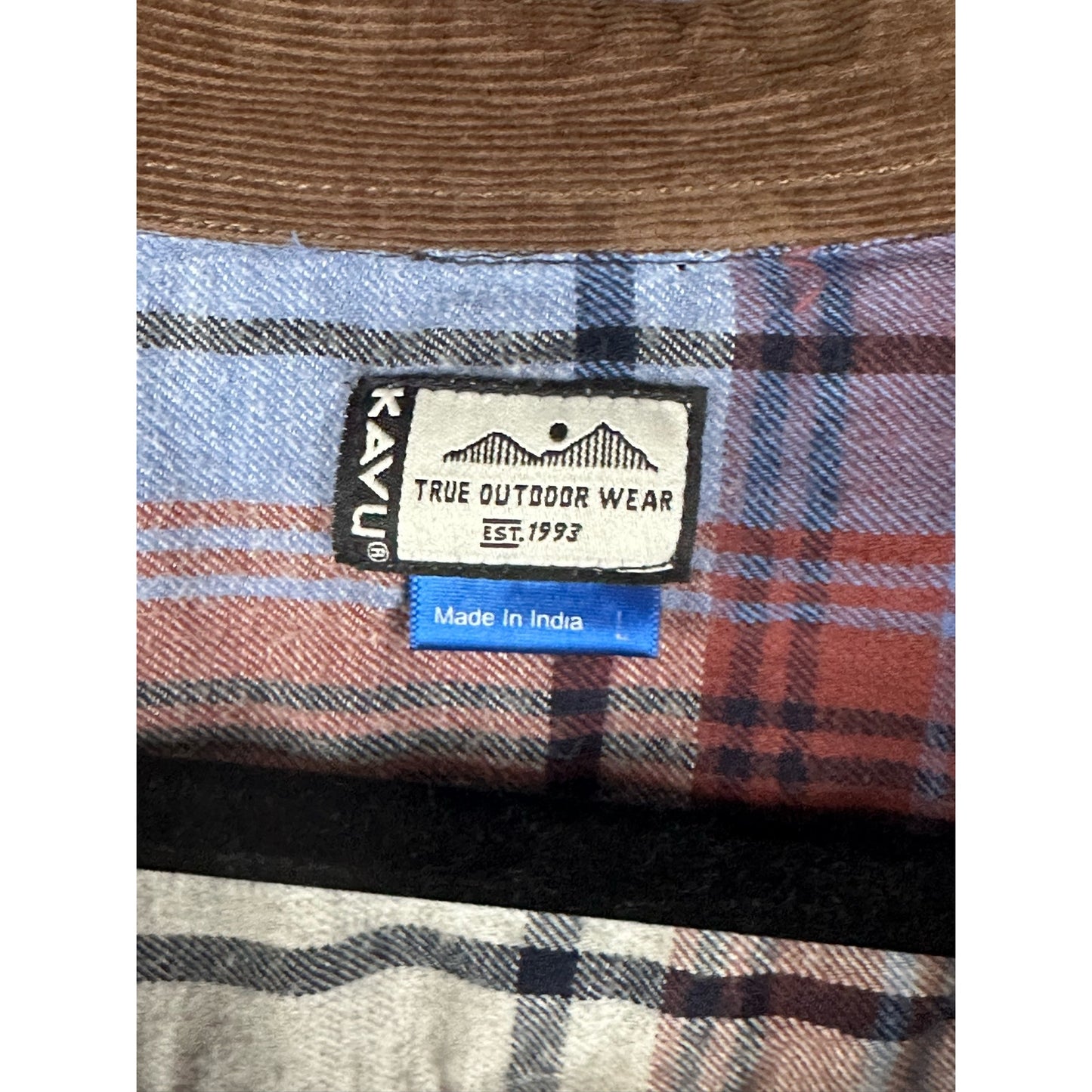 Men’s Kavu is Long Sleeve Blue Brown Plaid Elbow Patch Button Down Size Large