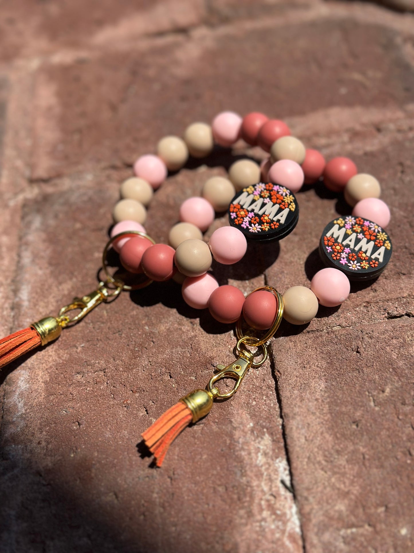 Silicone Beaded Wristlet Keychain | Floral 'Mama' Beige, Rust Light Pink