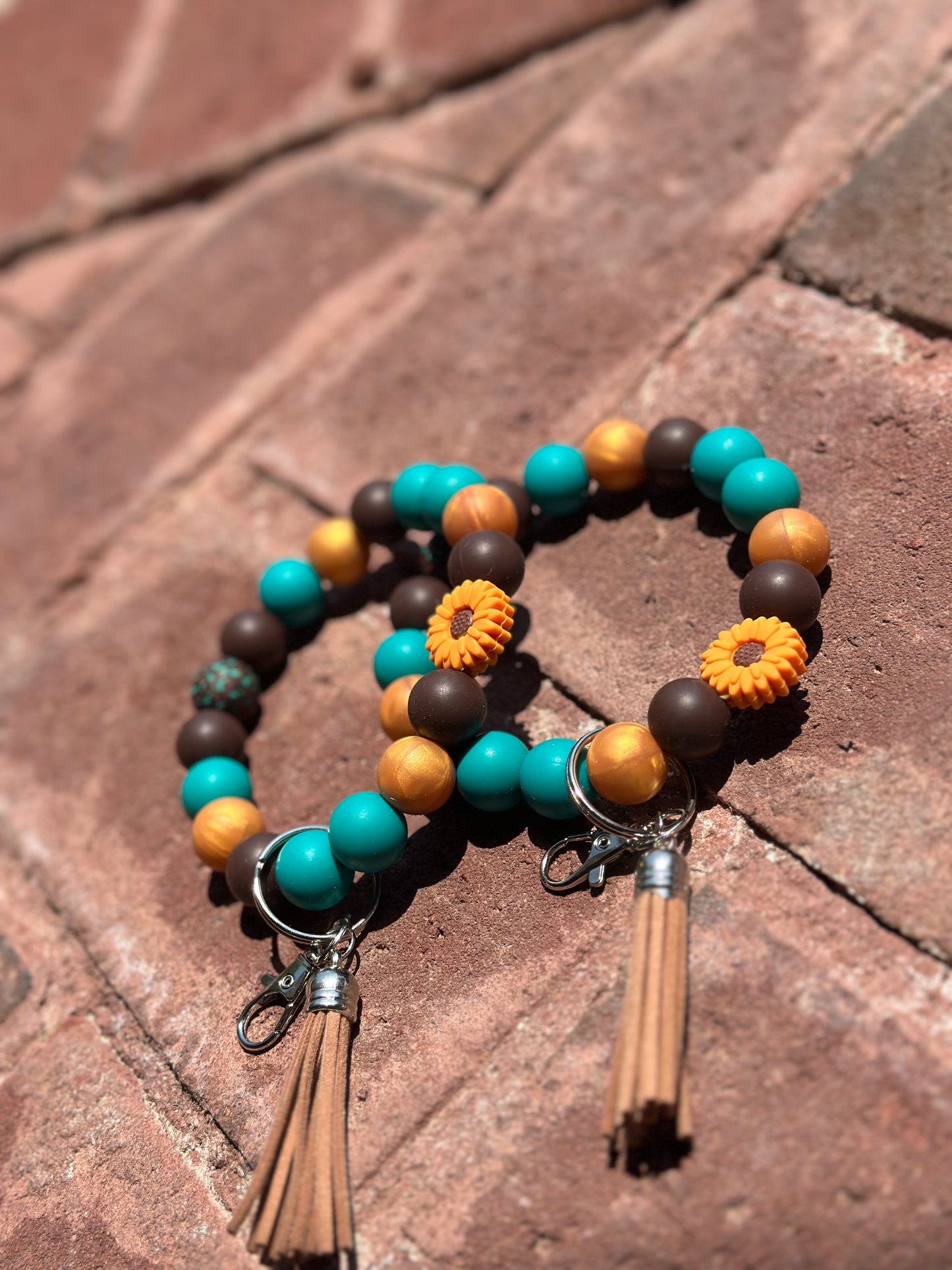 Silicone Beaded Wristlet Keychain| Turquoise, Brown, Sunflower Cheetah Print Silicone Wristlet