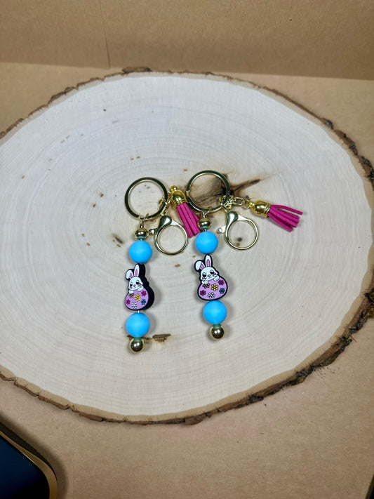 â¨Easter Collectionâ¨- Easter Bunny on Gold Post Blue Pink Silicone Bead Keychain