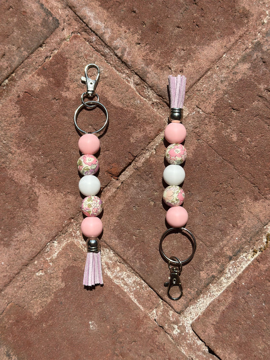 Silicone Beaded Standalone Keychain | Pink & Purple Floral Print Keychaiin with Tassel