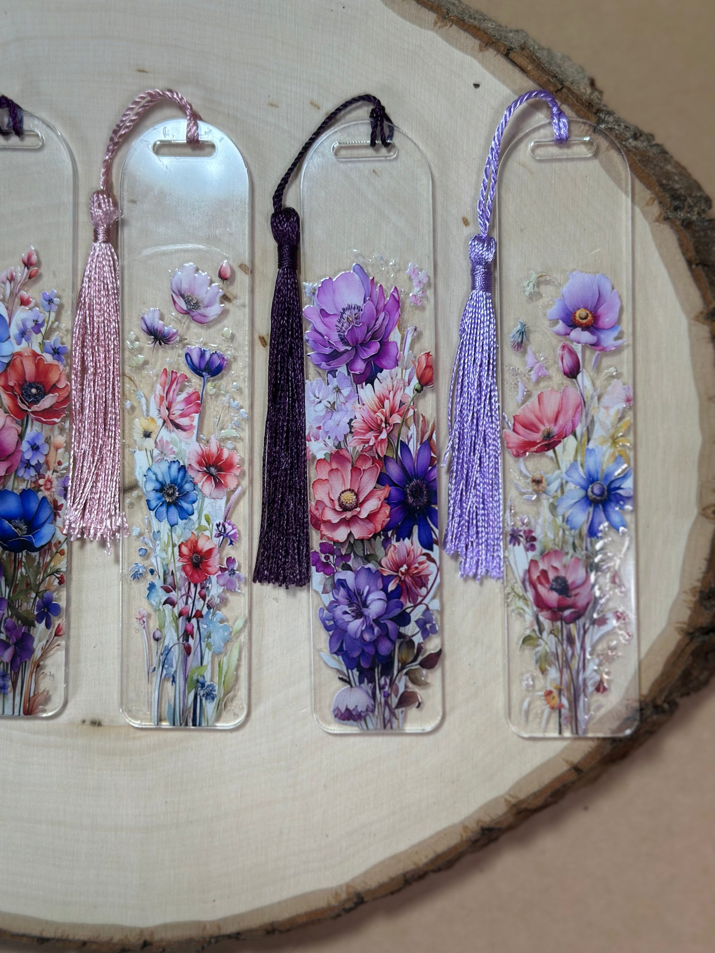 Handmade Thick Clear Acrylic Bookmark- 'Wildflower Whispers' Floral Print with Colored Tassels