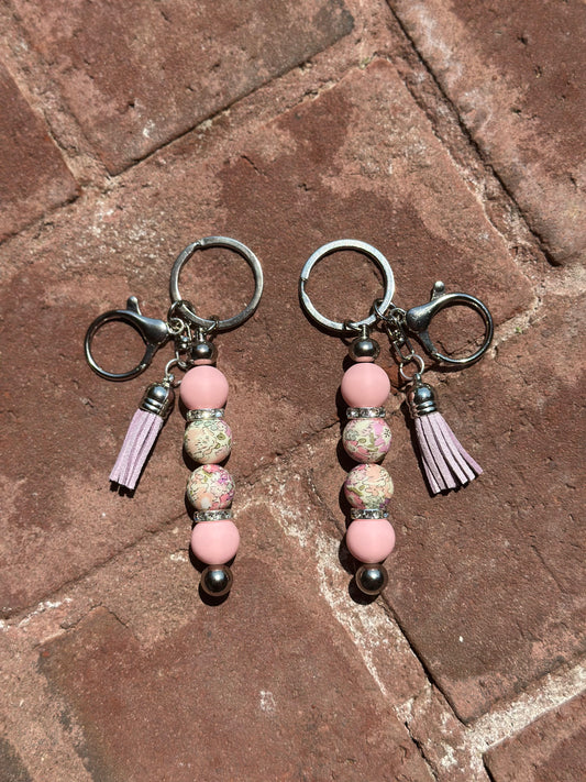 Silicone Beaded Post Keychain|Light Pink Purple Floral Print Silicone Bead Post Keychain