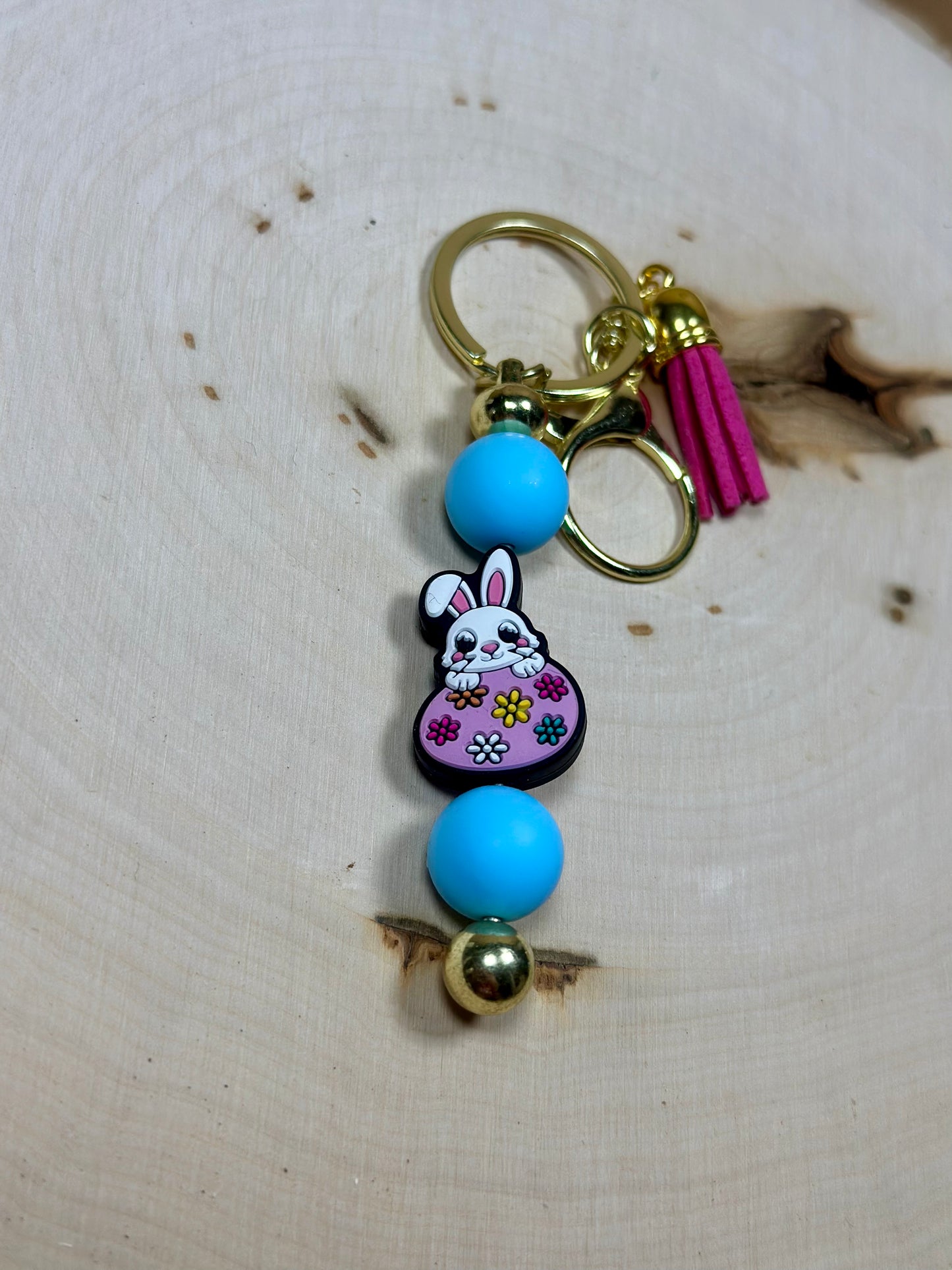 ✨Easter Collection✨- Easter Bunny on Gold Post Blue Pink Silicone Bead Keychain