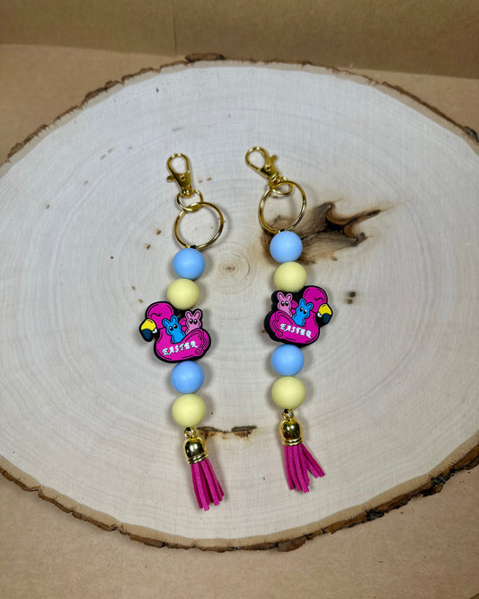 â¨Easter Collectionâ¨- Flamingo Easter Peeps Silicone Beaded Gold Hardware Keychain