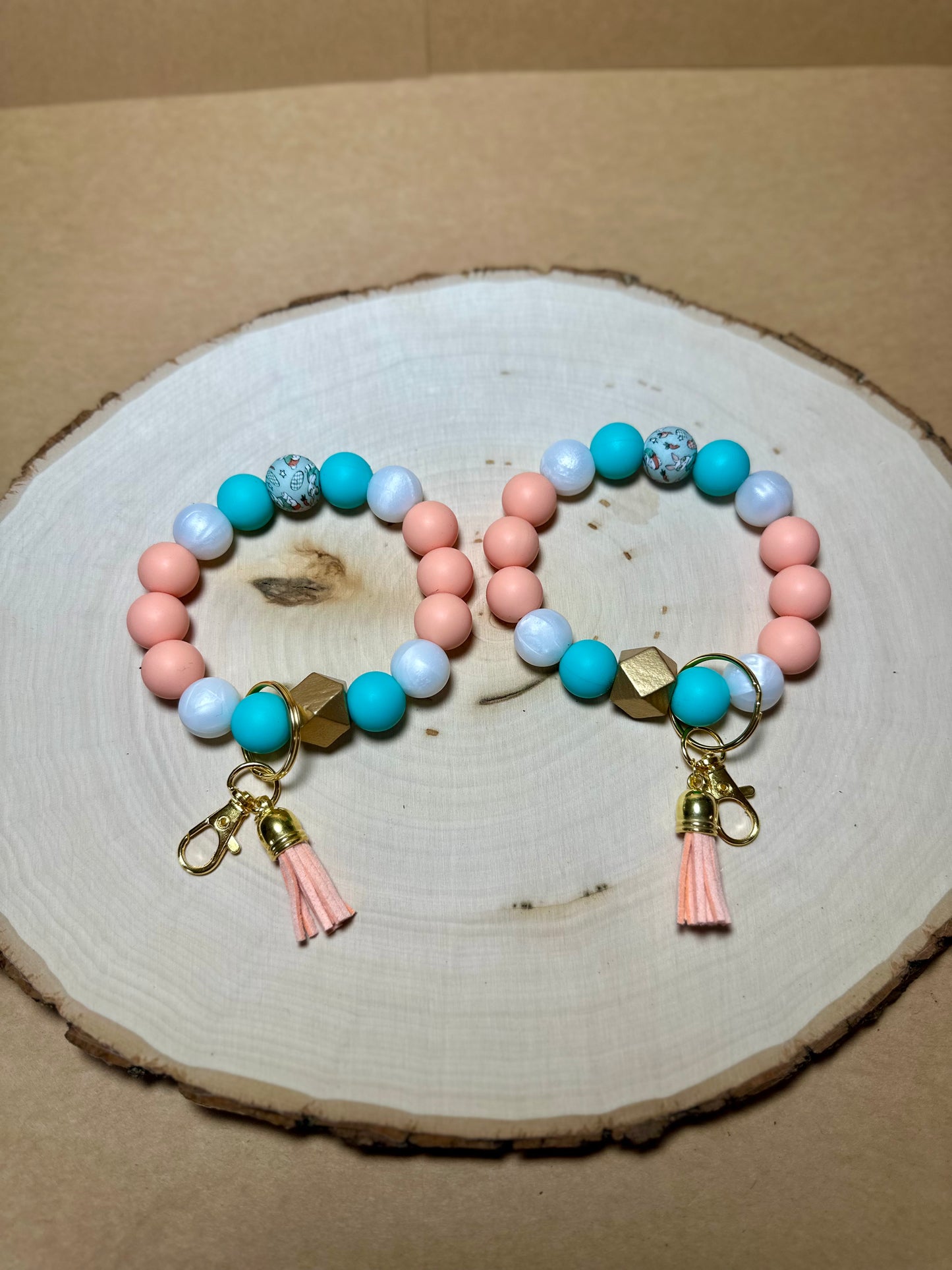 ✨Easter Collection✨-Easter Bunny Printed Bead Hold Hardware Peach Pearl Turquoise Silicone Bead Wristlet