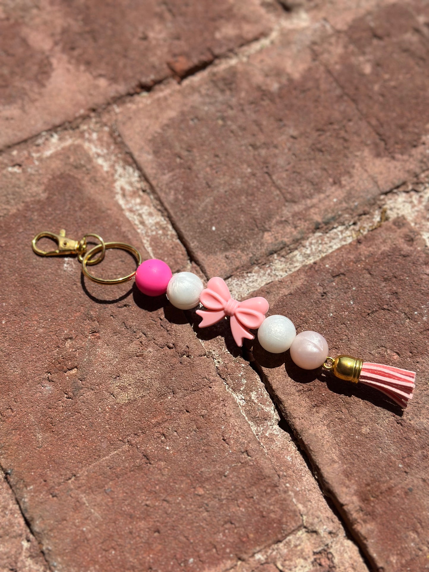 Silicone Beaded Keychain | Pink Bow Preppy Gold Hardware Standalone Keychain