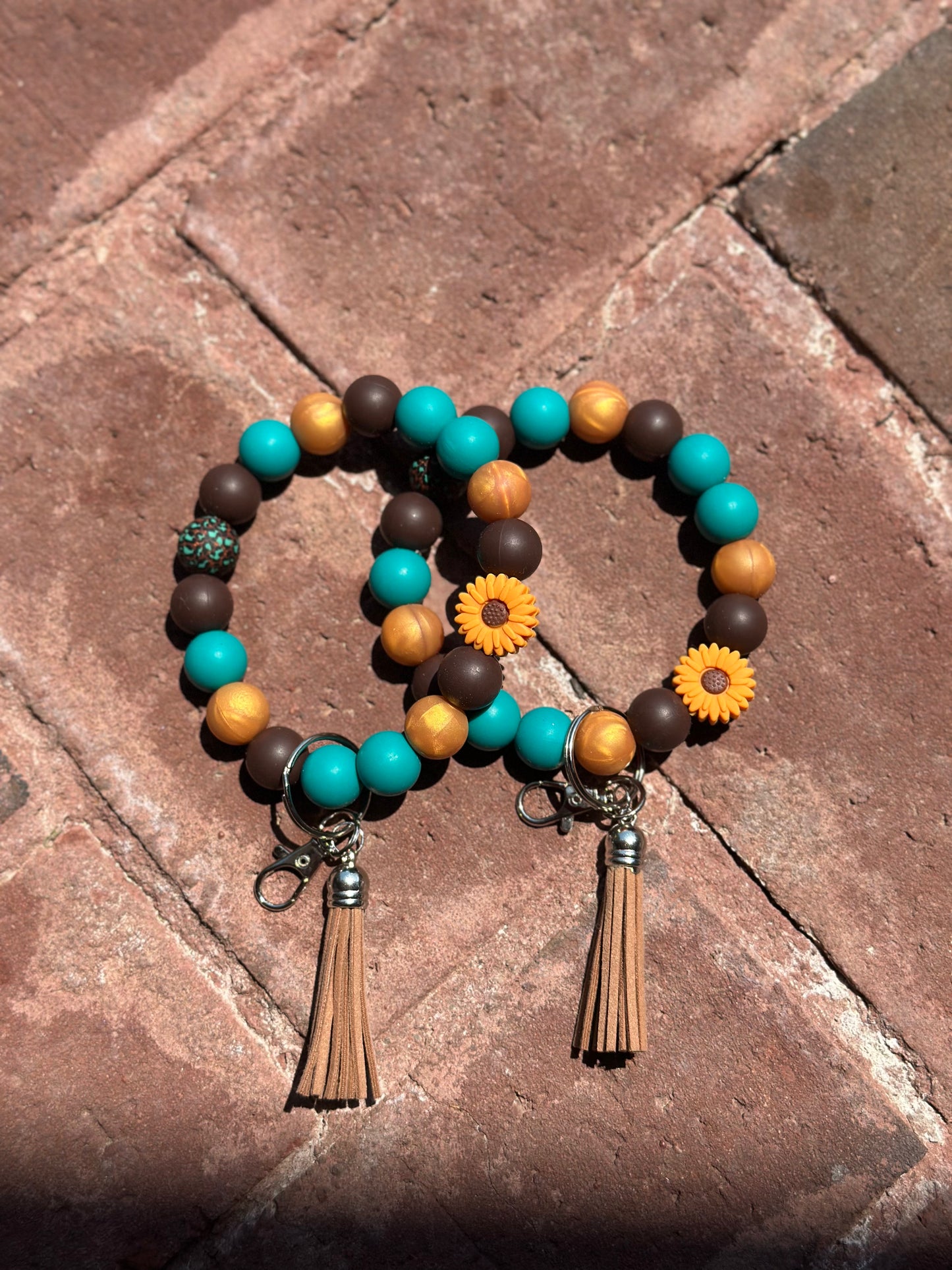 Silicone Beaded Wristlet Keychain| Turquoise, Brown, Sunflower Cheetah Print Silicone Wristlet