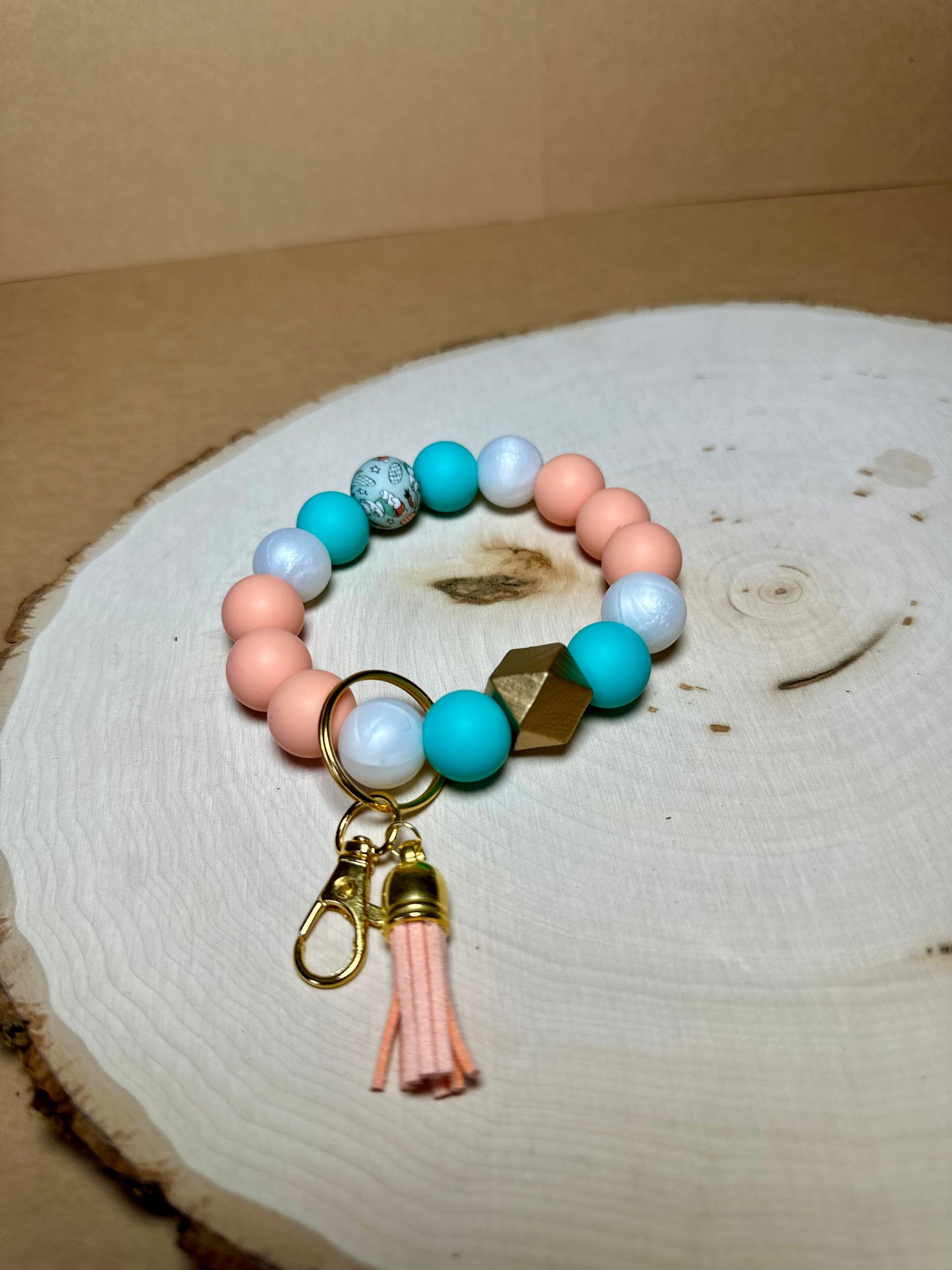 ✨Easter Collection✨-Easter Bunny Printed Bead Hold Hardware Peach Pearl Turquoise Silicone Bead Wristlet