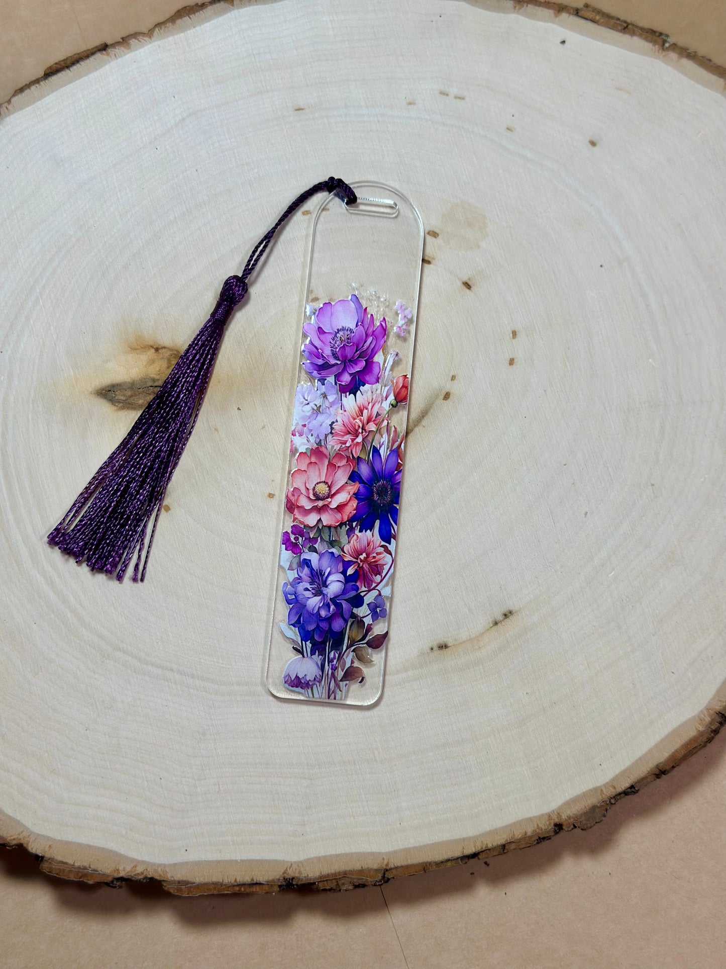 Handmade Thick Clear Acrylic Bookmark- 'Wildflower Whispers' Floral Print with Colored Tassels