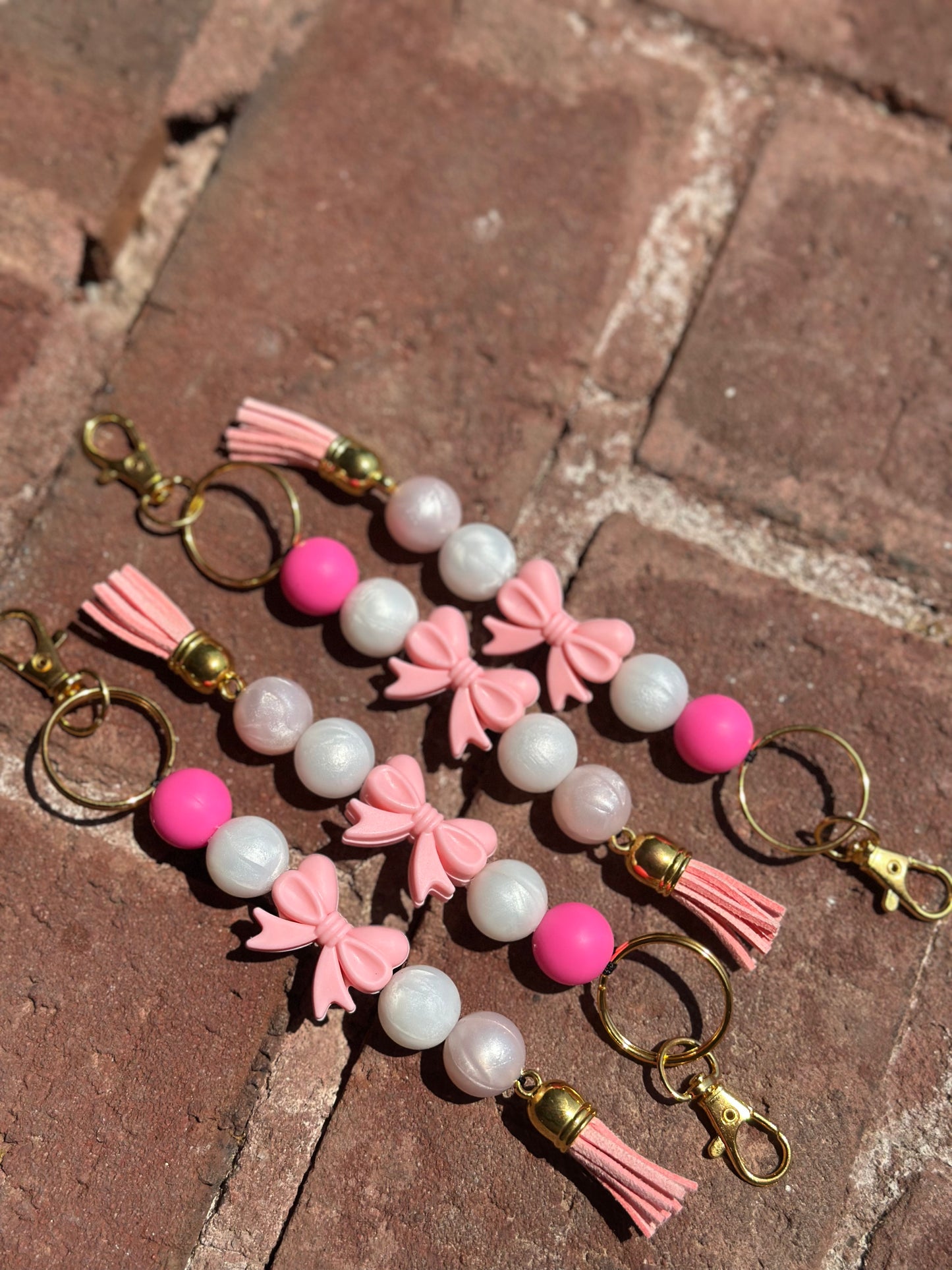 Silicone Beaded Keychain | Pink Bow Preppy Gold Hardware Standalone Keychain