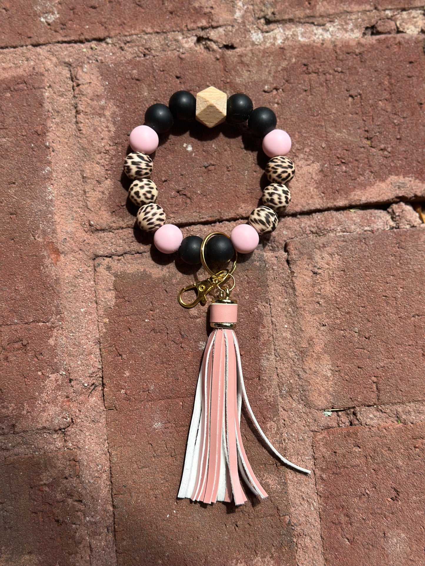 Silicone Beaded Wristlet Keychain | Colorblock Cheetah Print