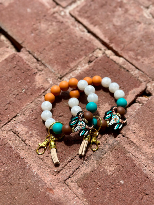 Silicone Beaded Wristlet Keychain| Bull Skull