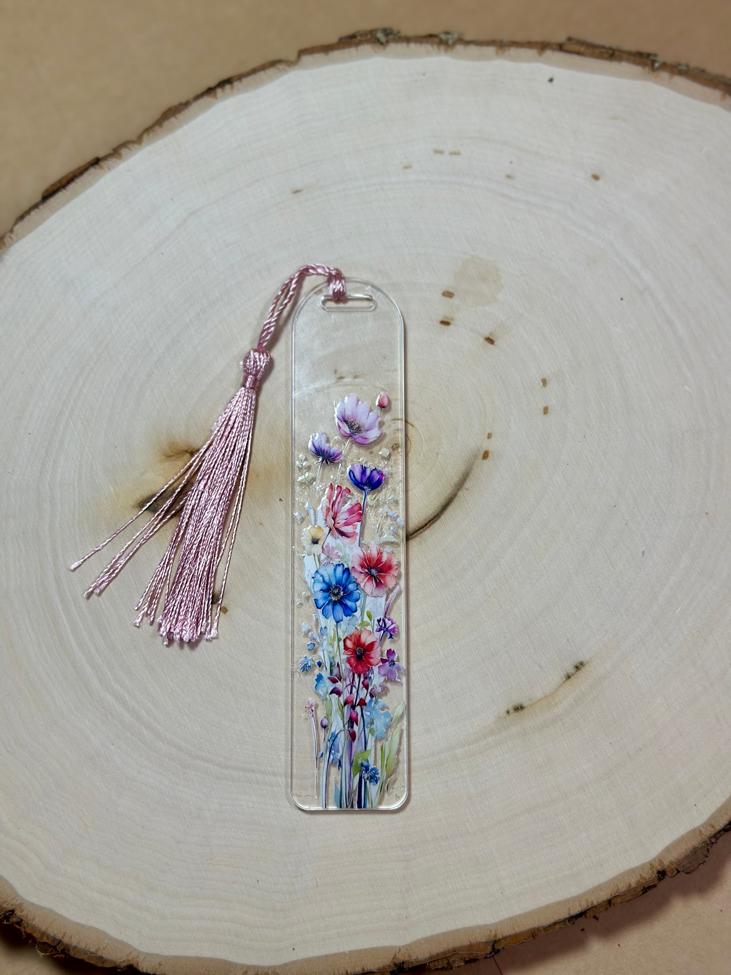 Handmade Thick Clear Acrylic Bookmark- 'Wildflower Whispers' Floral Print with Colored Tassels
