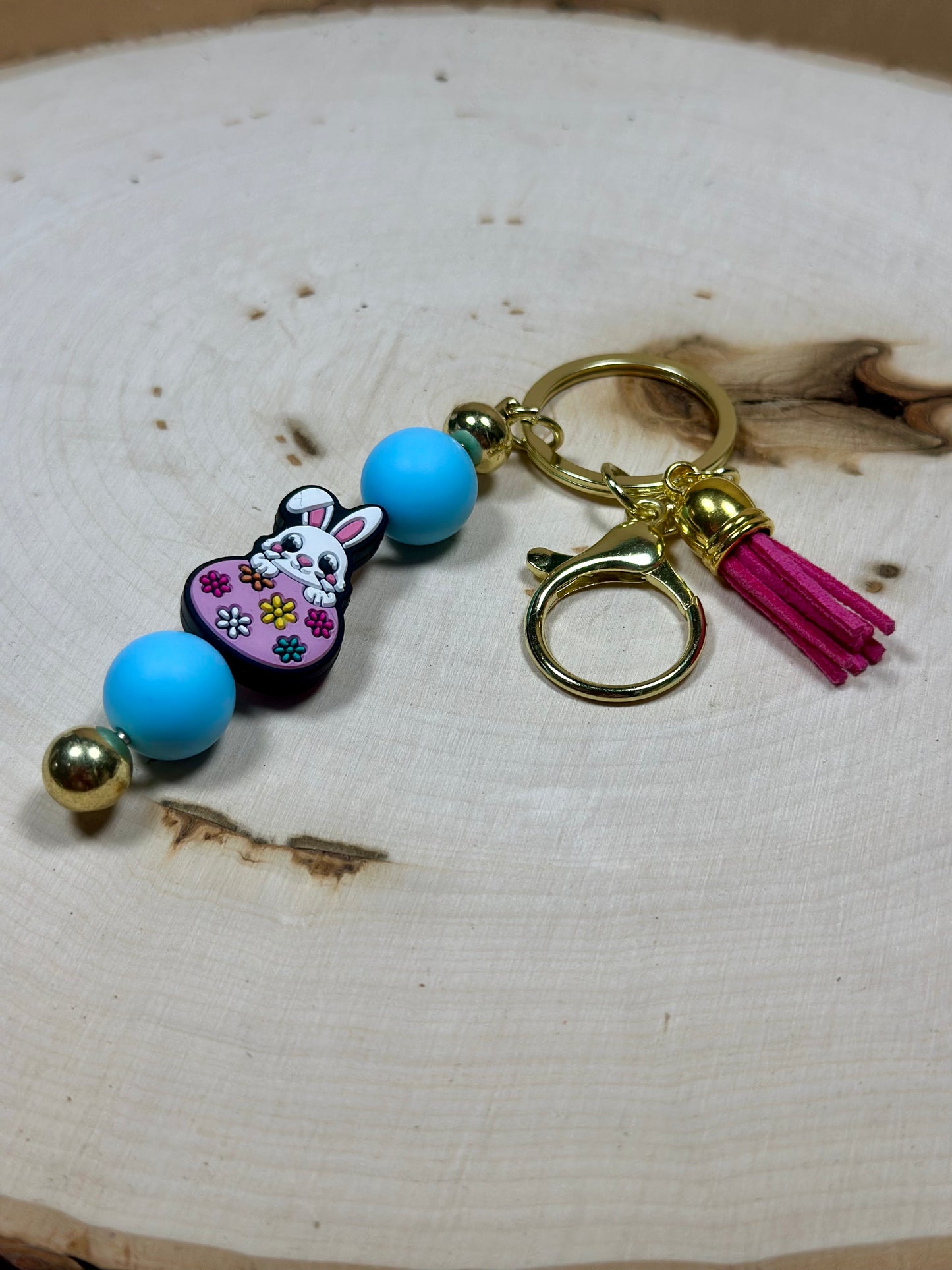 ✨Easter Collection✨- Easter Bunny on Gold Post Blue Pink Silicone Bead Keychain