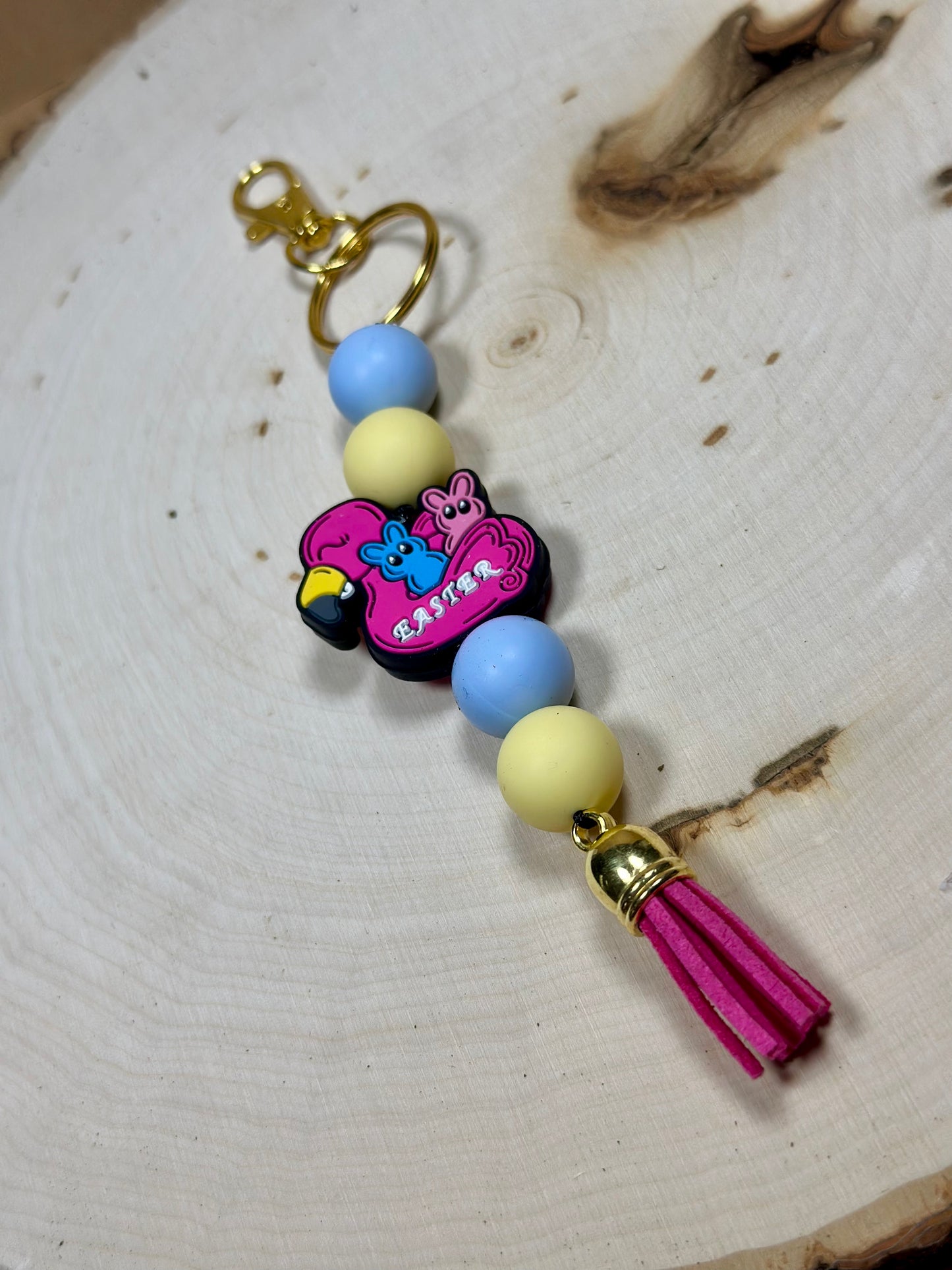 ✨Easter Collection✨- Flamingo Easter Peeps Silicone Beaded Gold Hardware Keychain