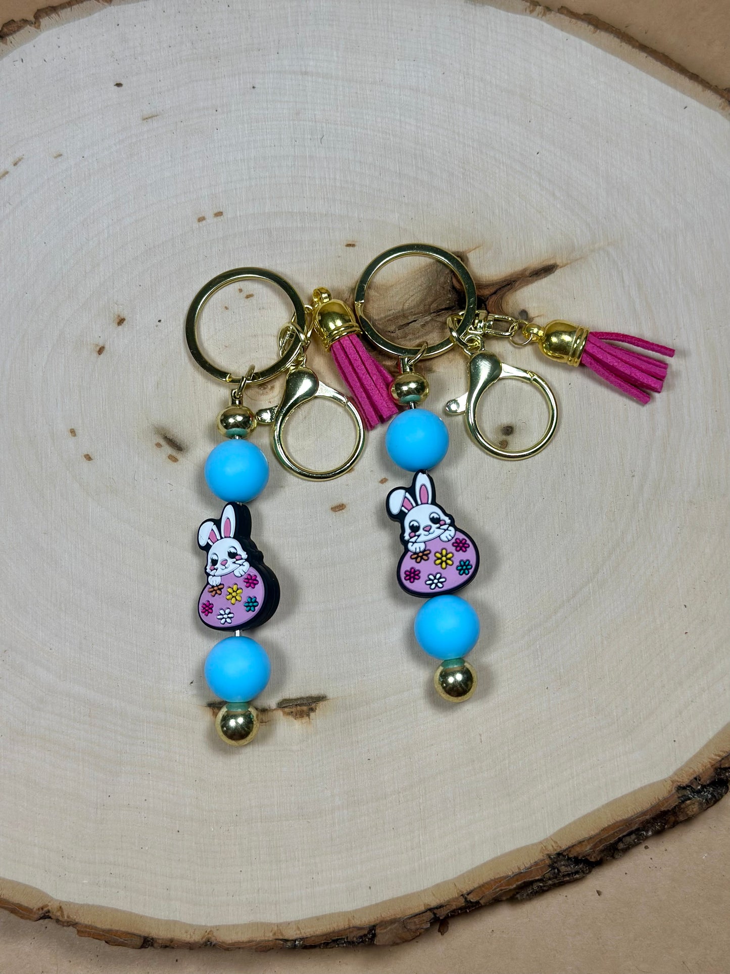 ✨Easter Collection✨- Easter Bunny on Gold Post Blue Pink Silicone Bead Keychain