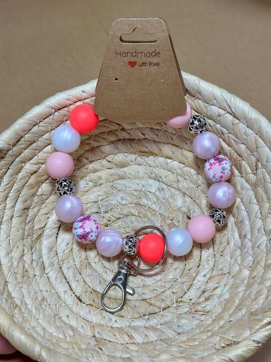 Silicone Beaded Wristlet Keychain- 'Butterfly Kisses- Pink & Pearl