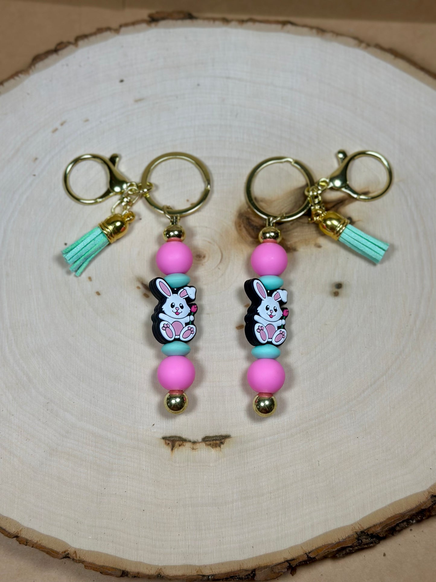 ✨Easter Collection✨-Easter Bunny with Rose with Gold Bar Silicone Bead Keychain