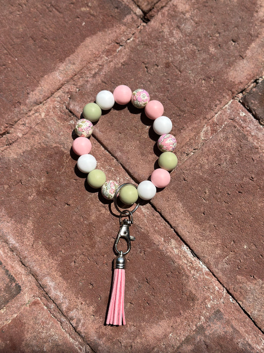 Silicone Beaded Wristlet Keychain| Pink Printed Focal Bead Green White Wristlet