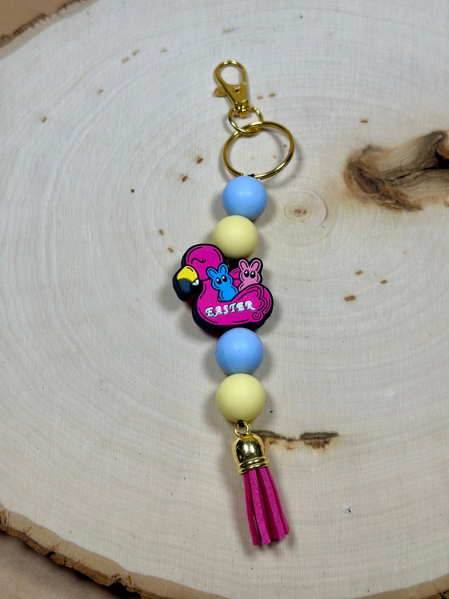 ✨Easter Collection✨- Flamingo Easter Peeps Silicone Beaded Gold Hardware Keychain