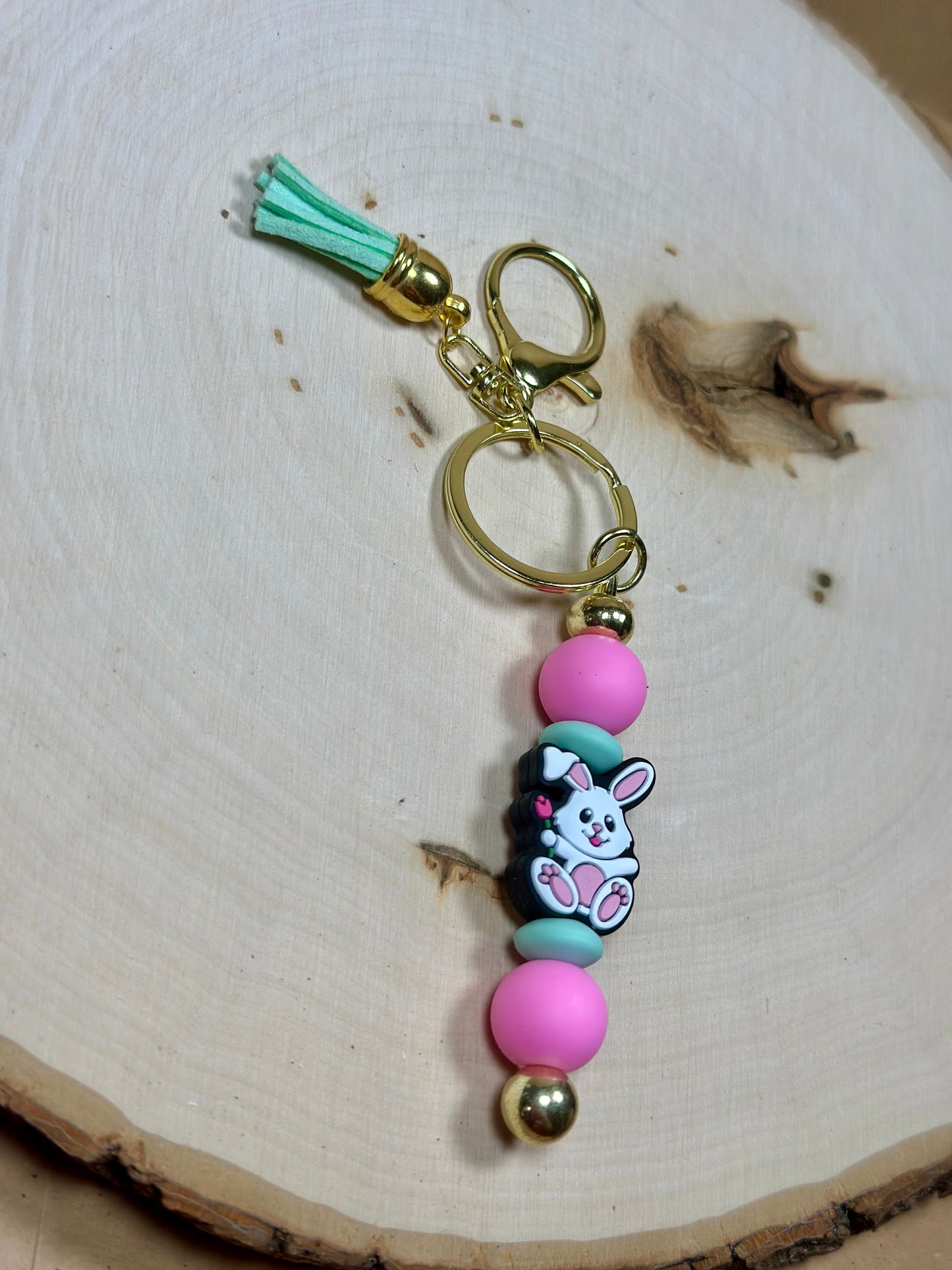 ✨Easter Collection✨-Easter Bunny with Rose with Gold Bar Silicone Bead Keychain