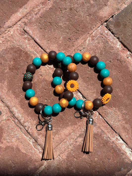 Silicone Beaded Wristlet Keychain| Turquoise, Brown, Sunflower Cheetah Print Silicone Wristlet