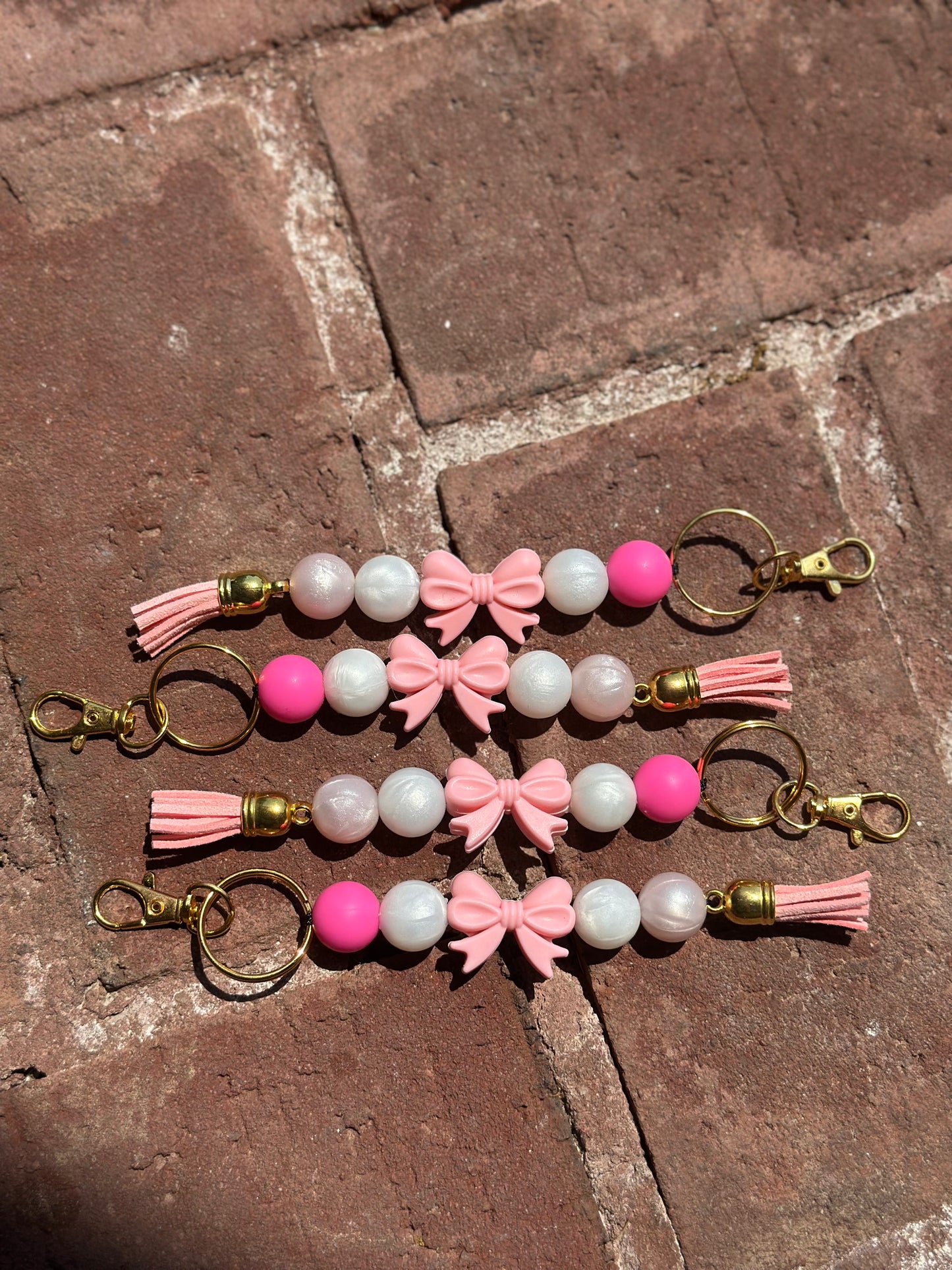 Silicone Beaded Keychain | Pink Bow Preppy Gold Hardware Standalone Keychain