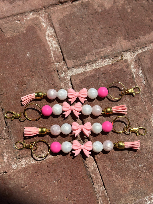 Silicone Beaded Keychain | Pink Bow Preppy Gold Hardware Standalone Keychain