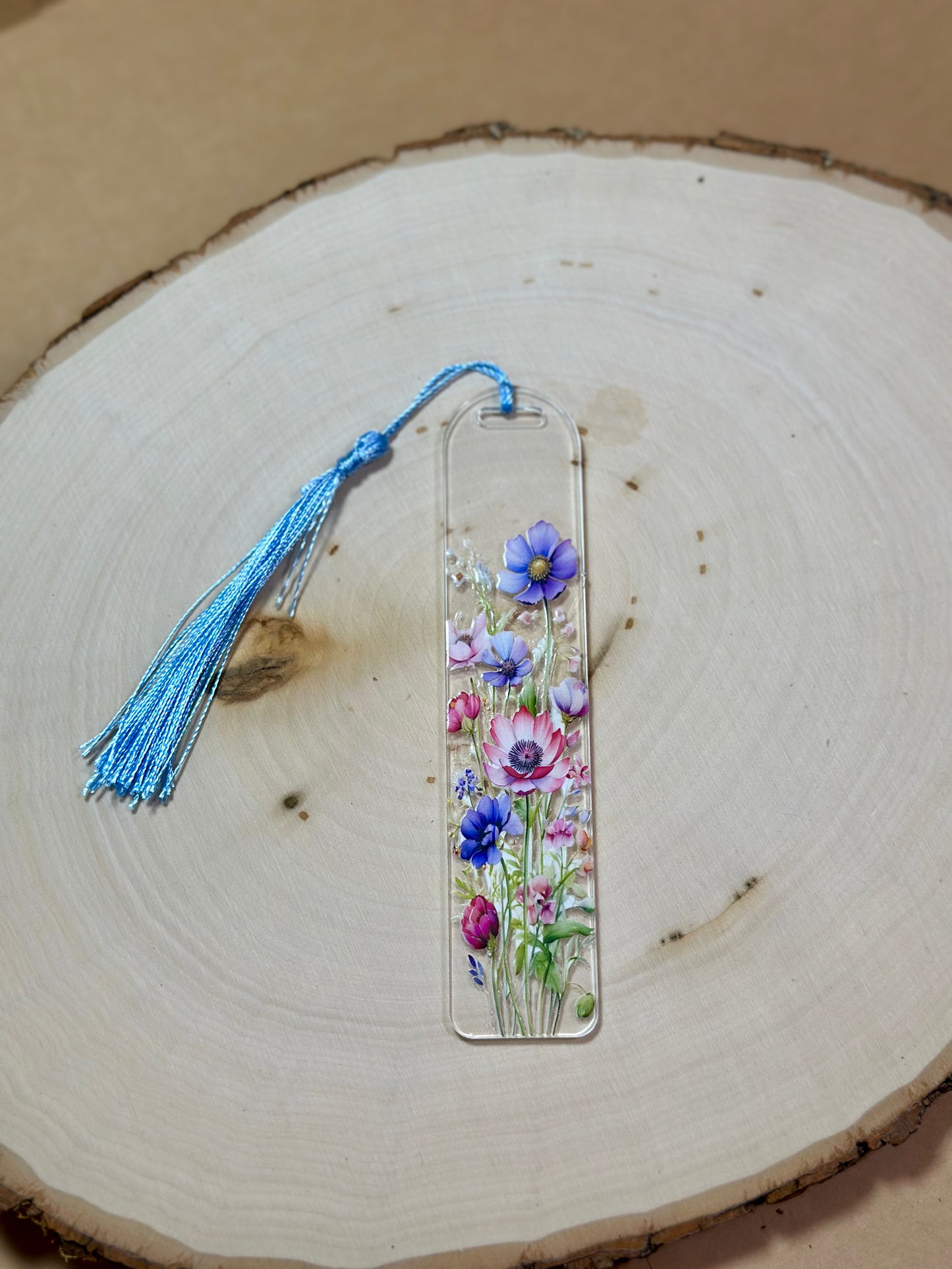 Handmade Thick Clear Acrylic Bookmark- 'Wildflower Whispers' Floral Print with Colored Tassels
