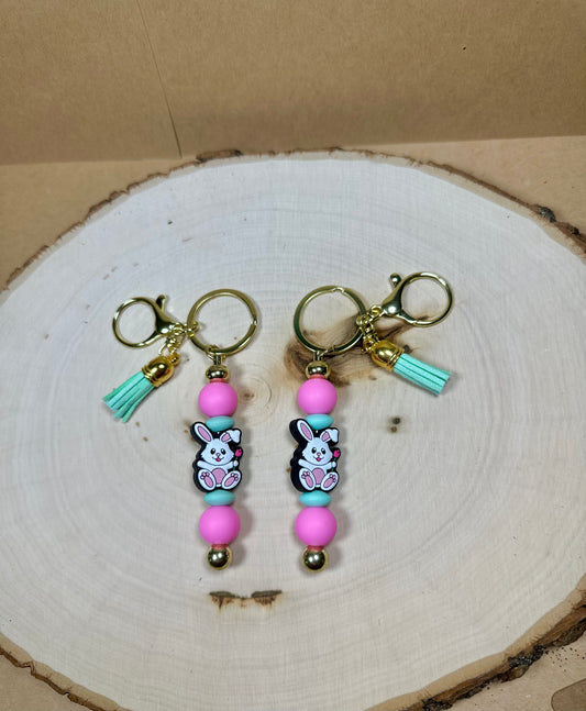 â¨Easter Collectionâ¨-Easter Bunny with Rose with Gold Bar Silicone Bead Keychain
