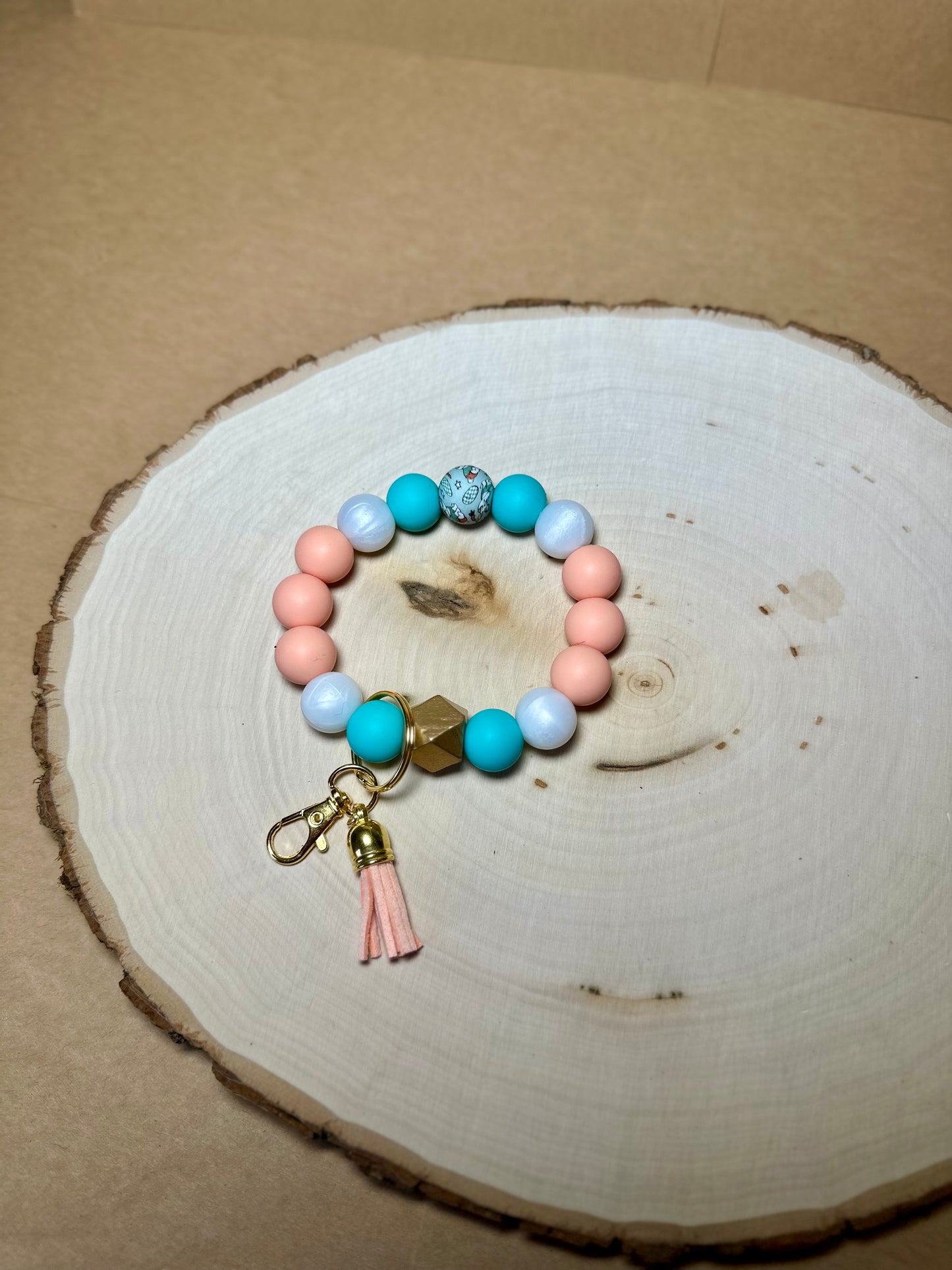 ✨Easter Collection✨-Easter Bunny Printed Bead Hold Hardware Peach Pearl Turquoise Silicone Bead Wristlet