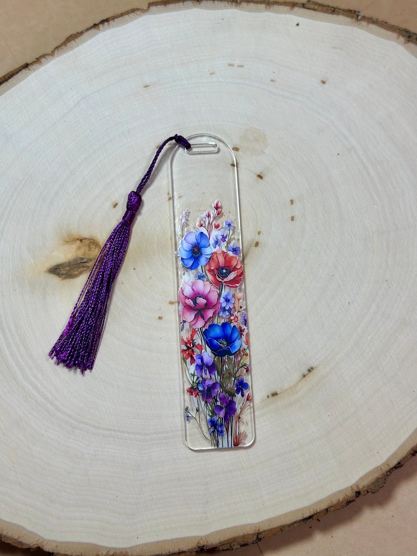 Handmade Thick Clear Acrylic Bookmark- 'Wildflower Whispers' Floral Print with Colored Tassels