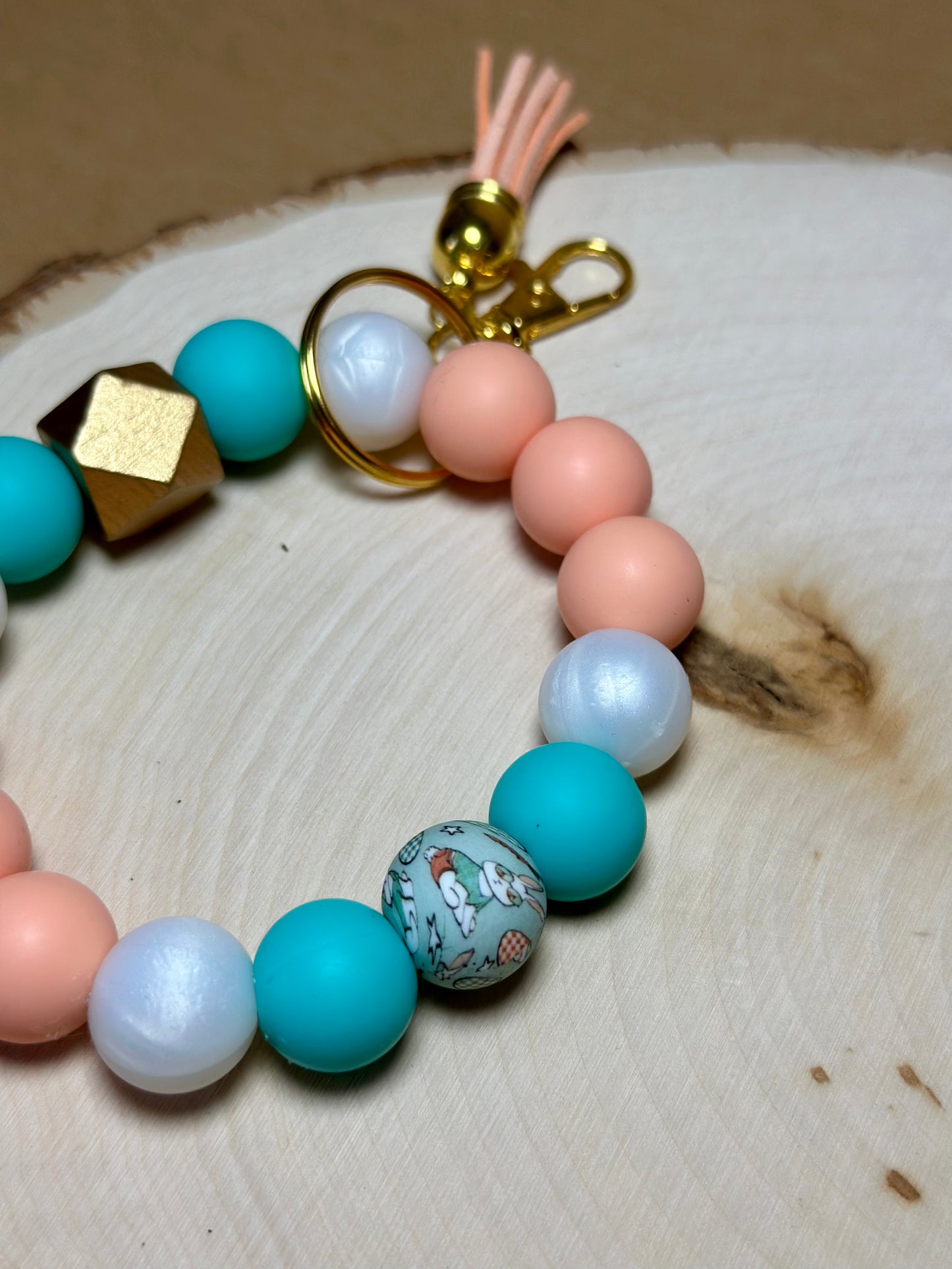 ✨Easter Collection✨-Easter Bunny Printed Bead Hold Hardware Peach Pearl Turquoise Silicone Bead Wristlet