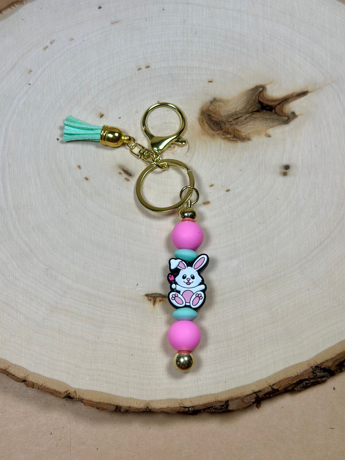 ✨Easter Collection✨-Easter Bunny with Rose with Gold Bar Silicone Bead Keychain