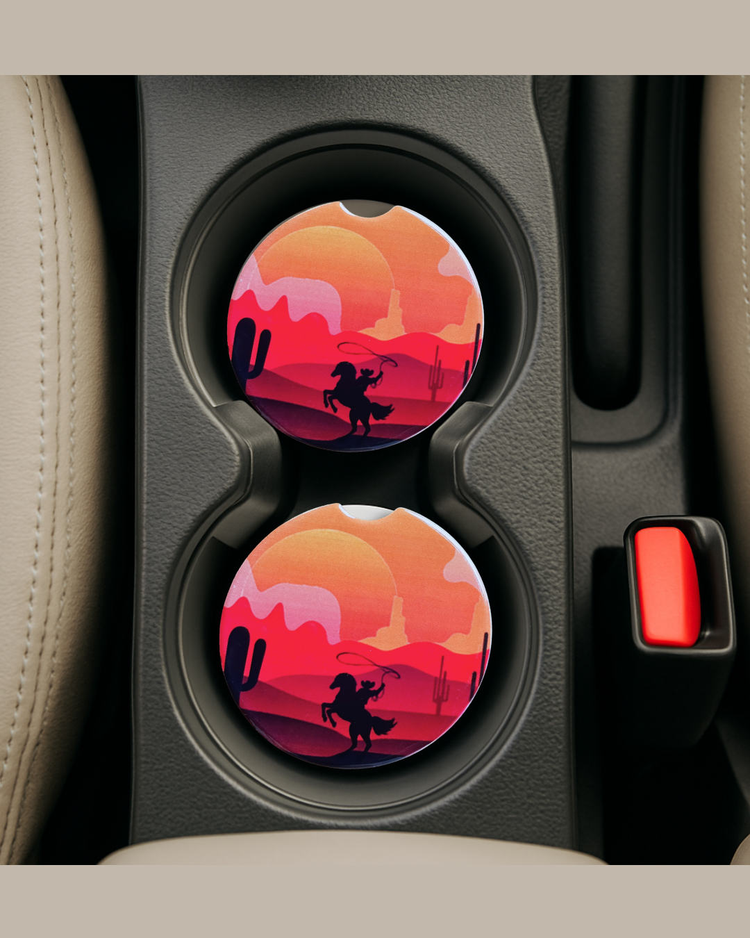 cowboy in a desert sunset ceramic car coaster in a car cup holder