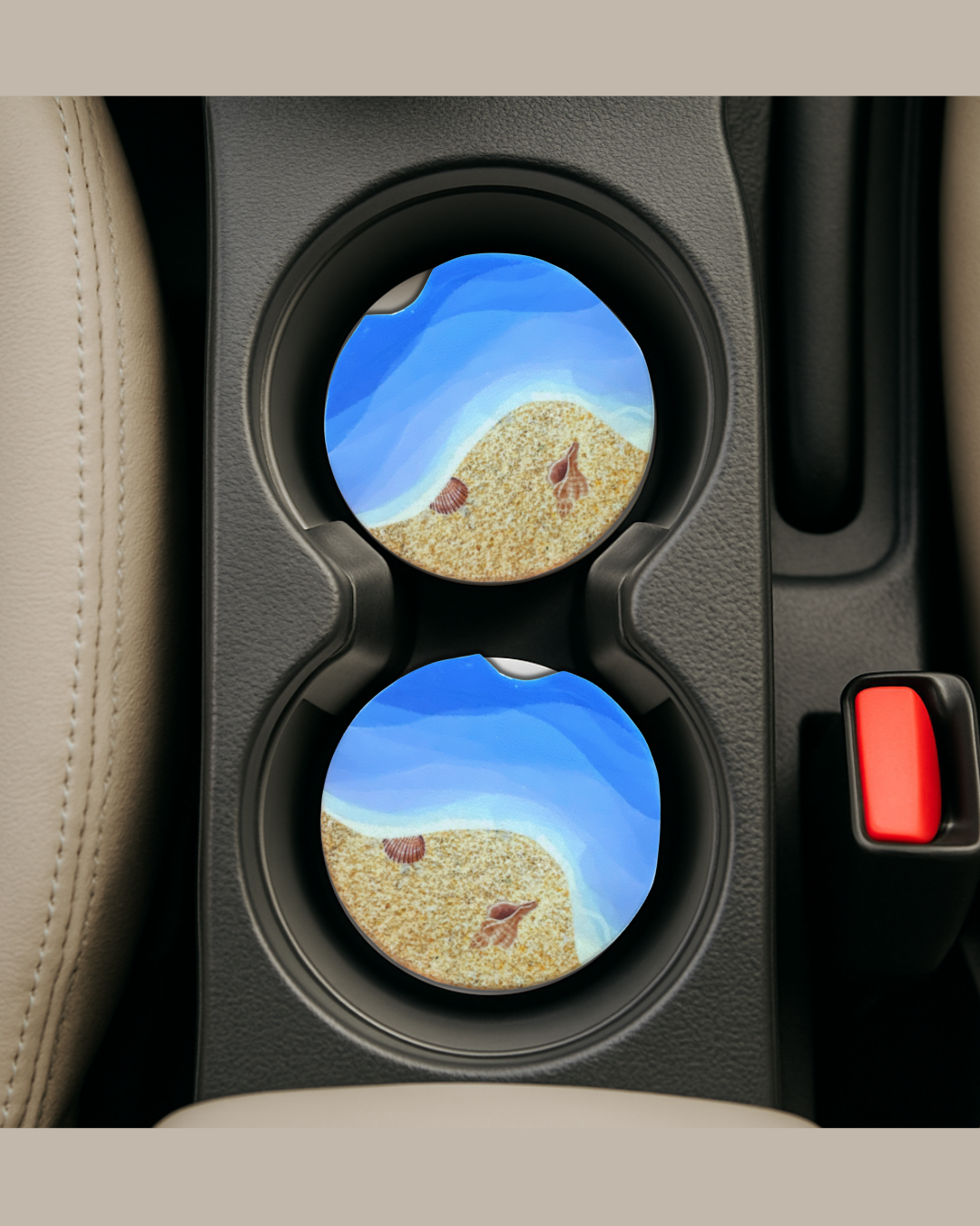 'another day in paradise' beach/ waves rolling on the beach/ shore on a ceramic car coaster in a car's cup holders