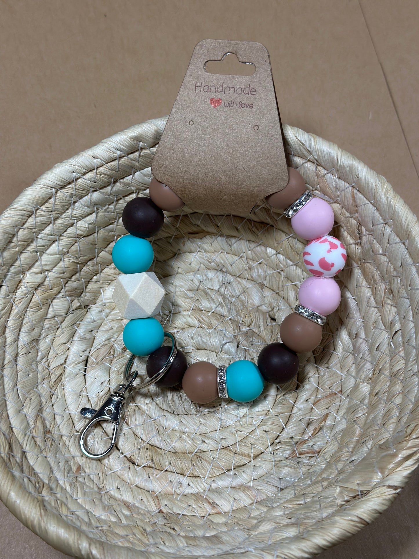 Silicone Beaded Keychain Wristlet| Turquoise Pink Cow Print Keychain