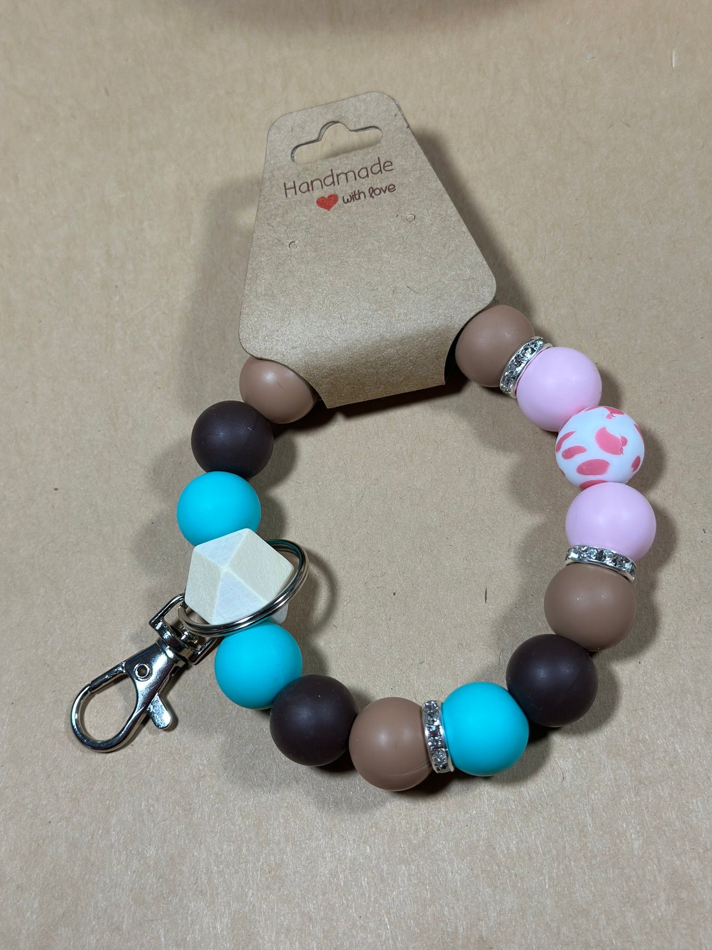 Silicone Beaded Keychain Wristlet| Turquoise Pink Cow Print Keychain