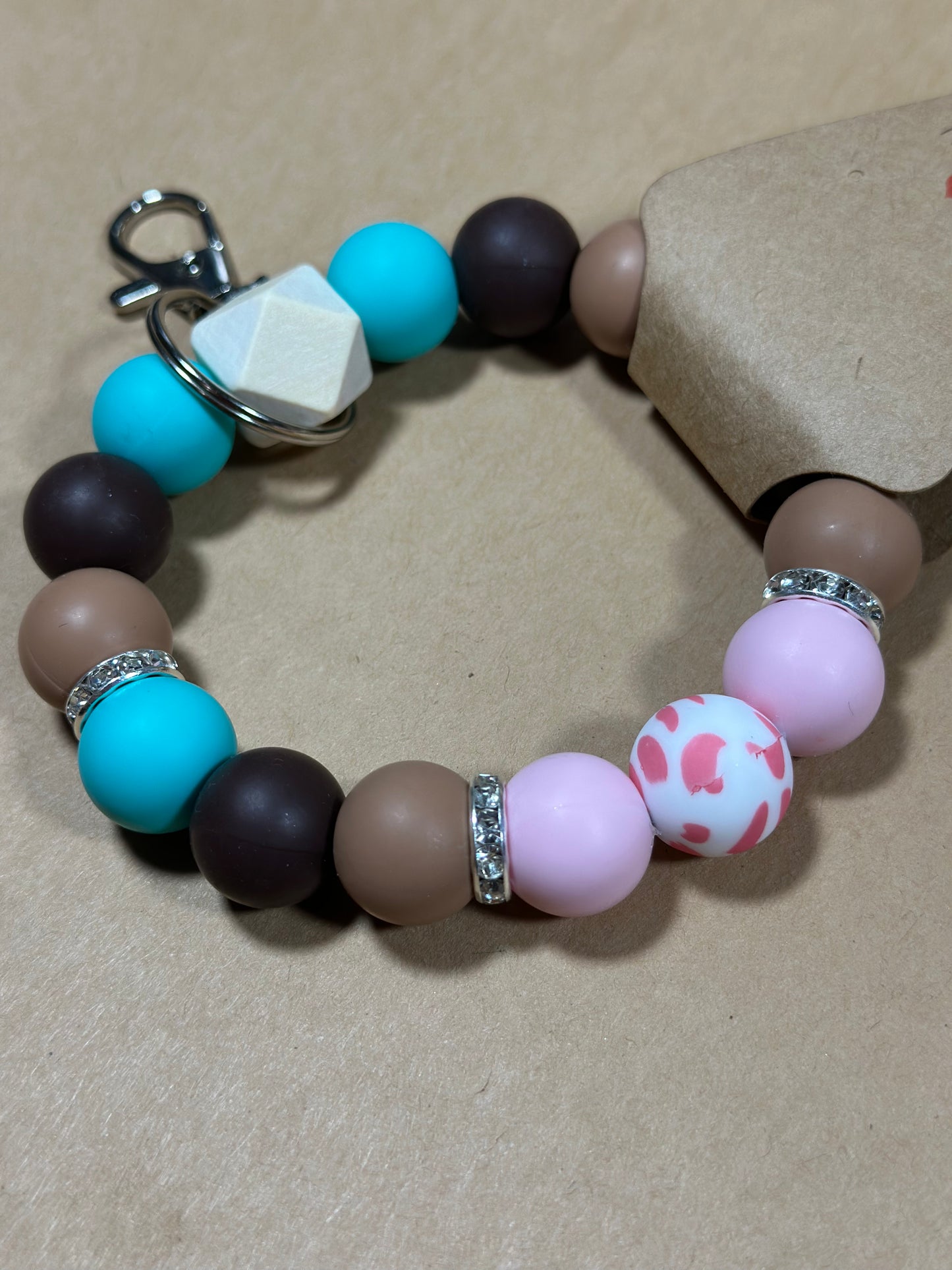 Silicone Beaded Keychain Wristlet| Turquoise Pink Cow Print Keychain
